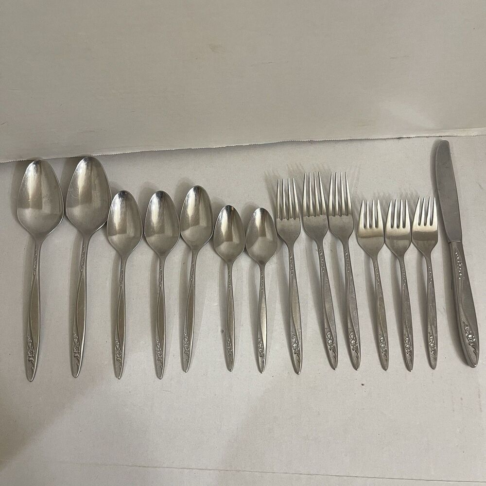 14 pc Wm A Rogers Deluxe Stainless Spanada La Rose Floral Scroll Flatware Lot